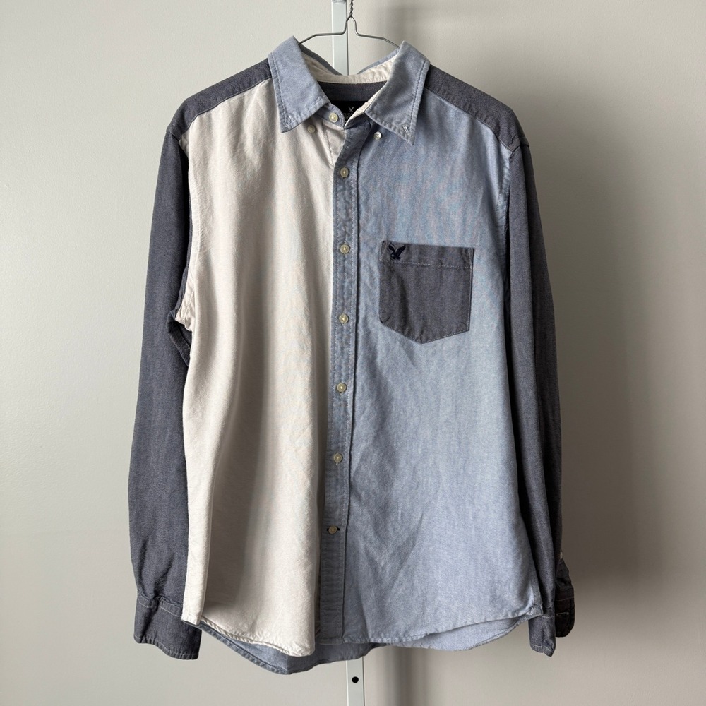 American Eagle M Blue Colorblock Button Oxford Shirt Classic Streetwear Preppy